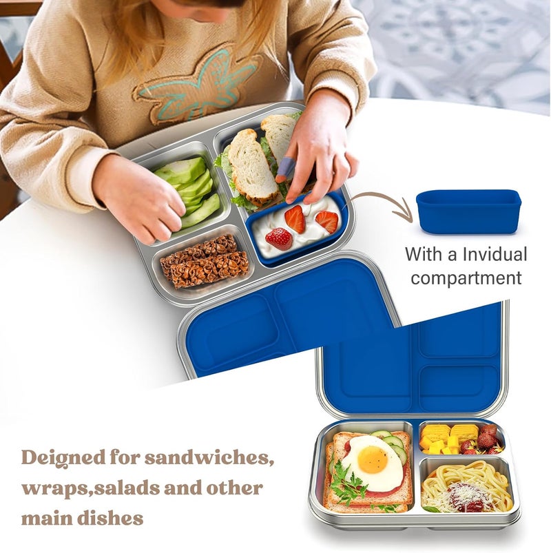 BABHAMNESS Stainless Steel Bento Box Kids, 3 Compartments Leak Proof Metal Bento Lunch Box, 304 Stainless Steel Bento Lunch Containers for School and Office,Dishwasher Safe, BPA-Free-Blue - Image 2